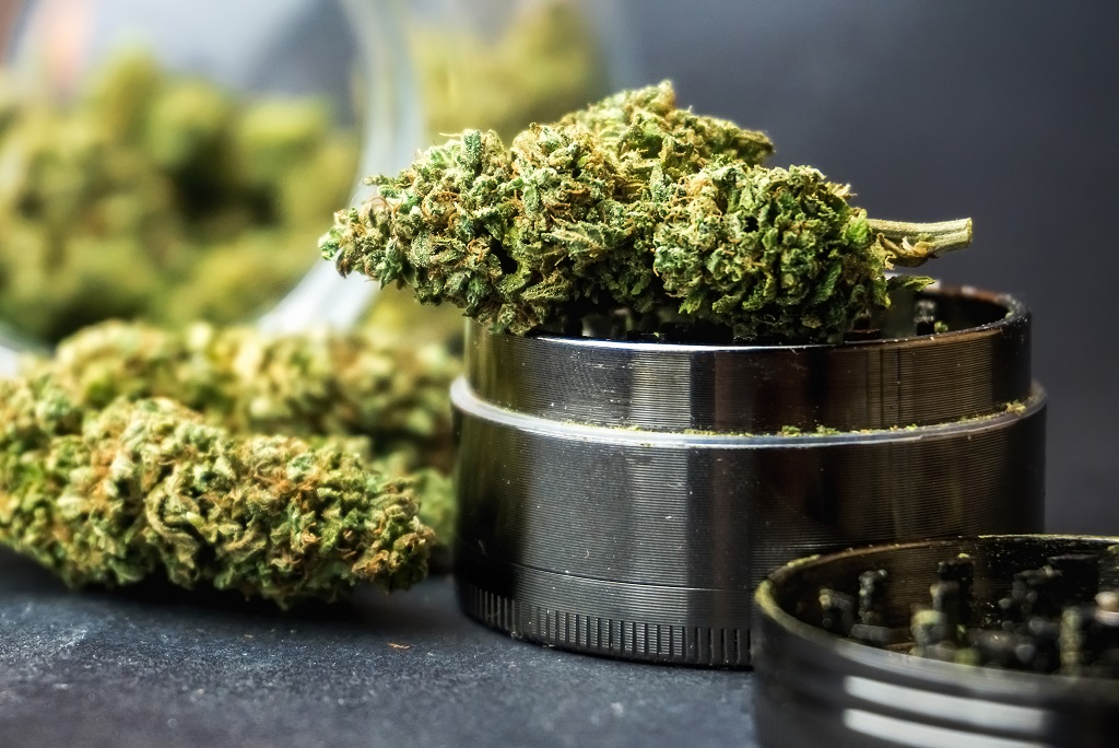 Medical Marijuana flower buds in glass jar and grinder on dark backdrop